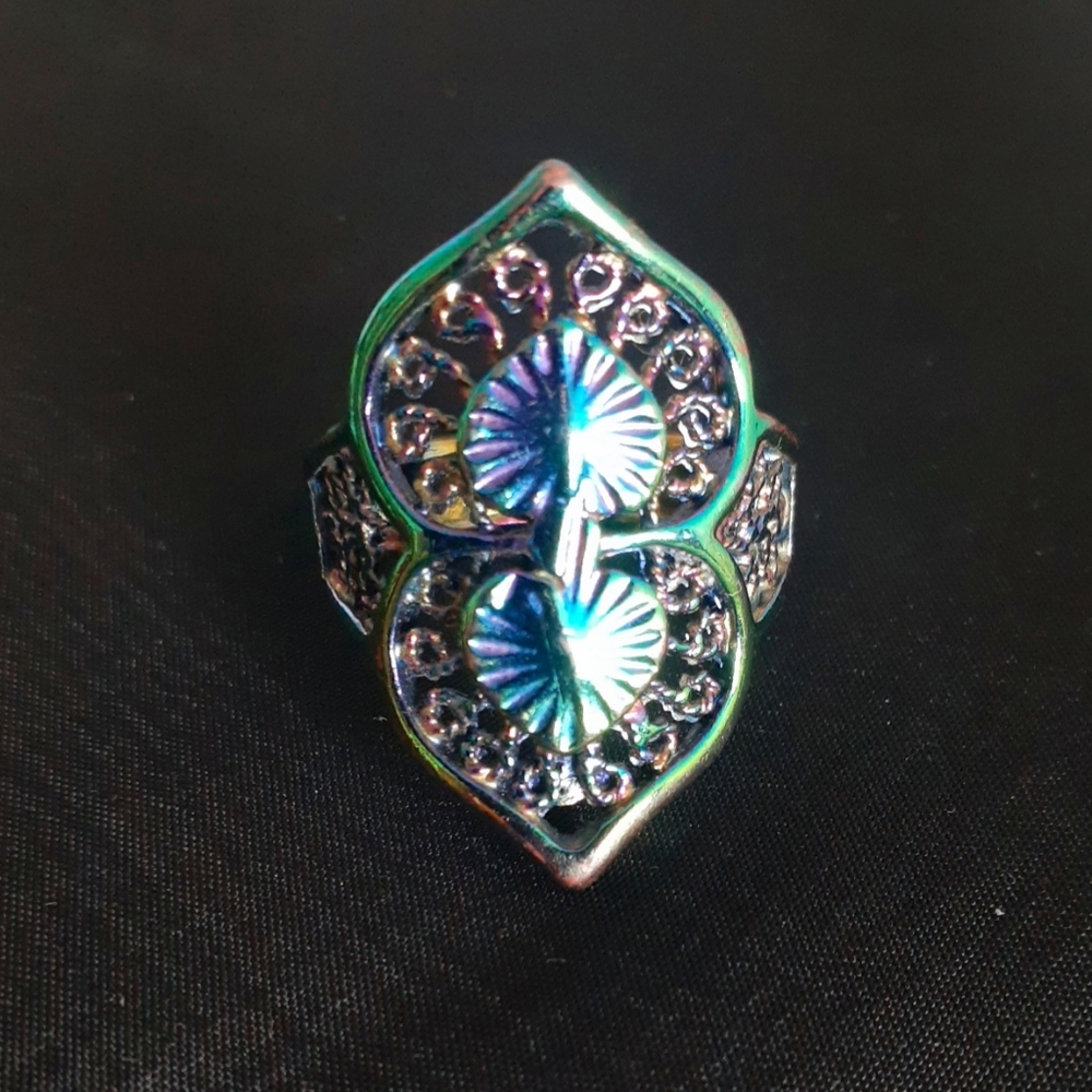 3/$20! Rainbow iridescent filigree leaf fantasy ring